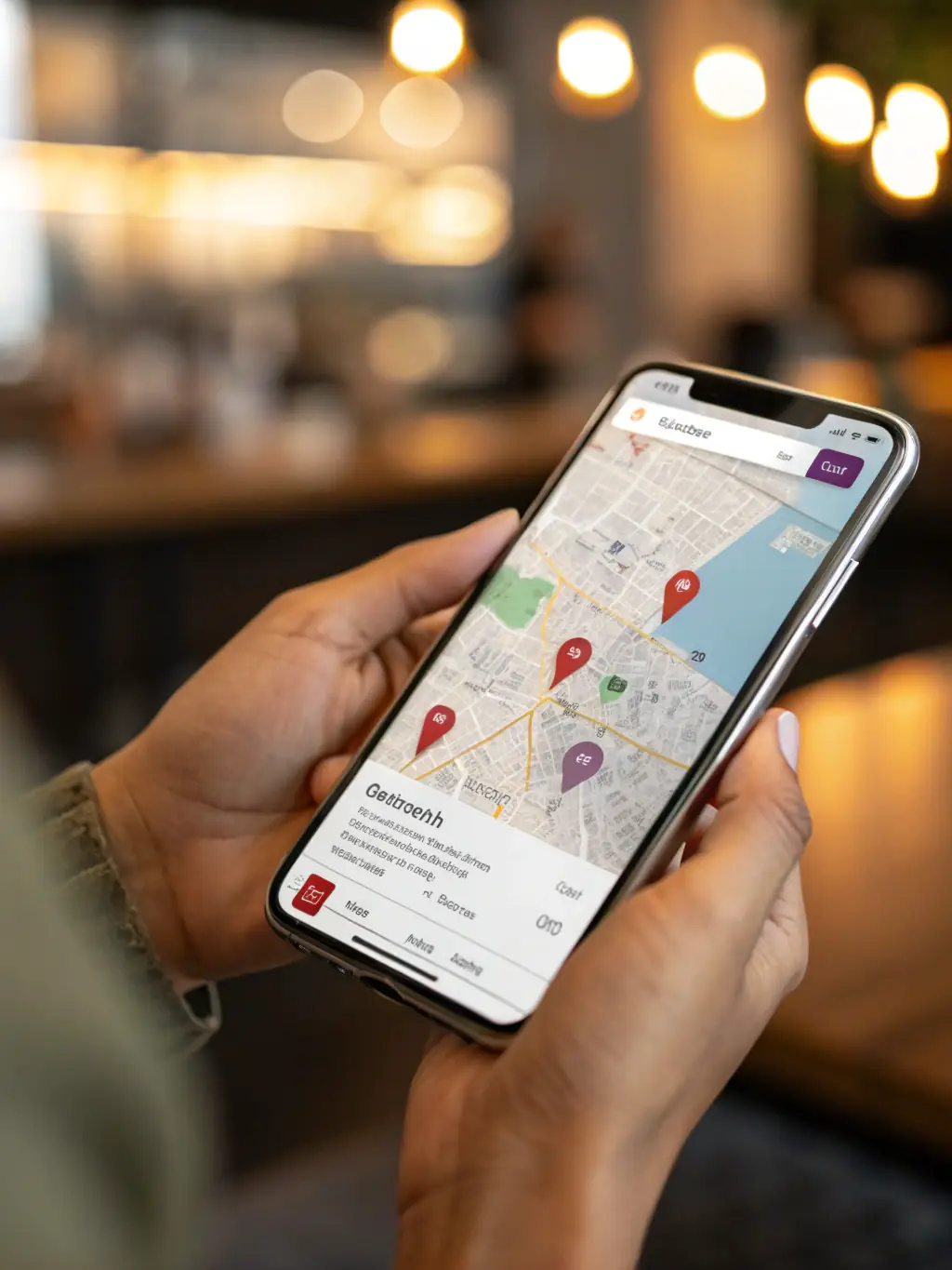 A mobile phone displaying a website optimized for local SEO, with a map and local business listings, representing Ecom Local's SEO optimization service.